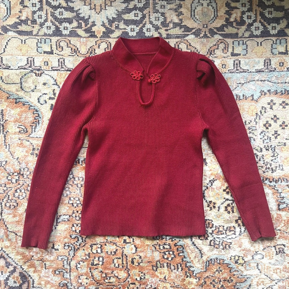 Burgundy Mandarin Collar Ribbed Knit Sweater Frog Knot Puff Sleeve Top Small